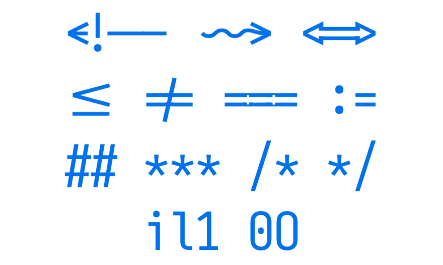 coding ligatures and capital i lower l number 1 number 0 capital o in font Iosevka